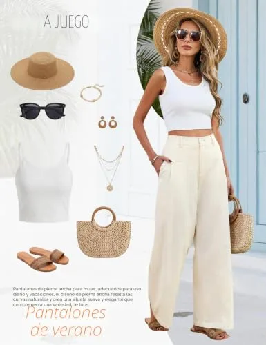heekpek ▫️ Calças de linho para mulher Calças de verão para mulher, casuais, esvoaçantes, compridas, de cintura alta, com elástico e botões, confortáveis, largas, com bolsos, estilo palazzo 5