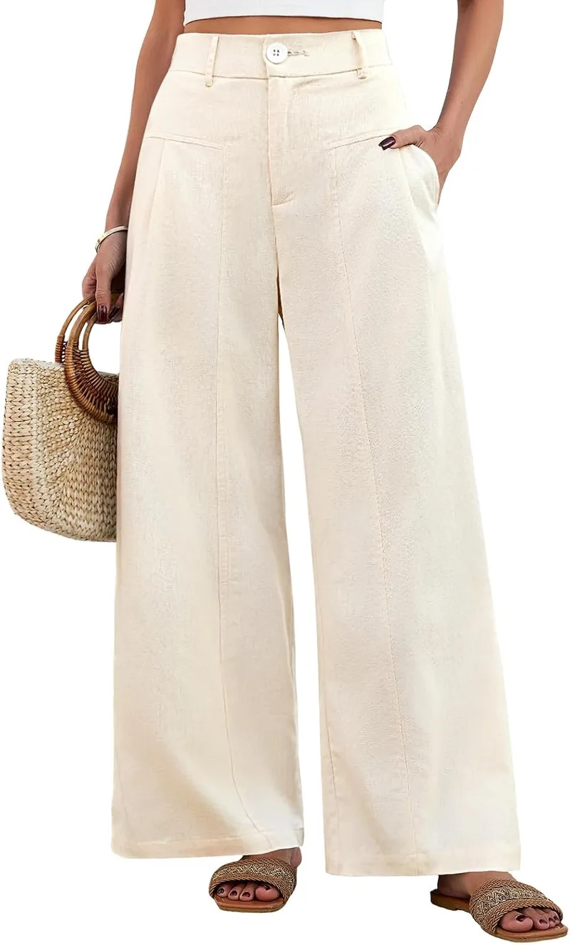 heekpek ▫️ Calças de linho para mulher Calças de verão para mulher, casuais, esvoaçantes, compridas, de cintura alta, com elástico e botões, confortáveis, largas, com bolsos, estilo palazzo