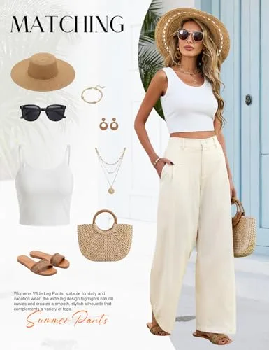 heekpek ▫️ Calças de linho para mulher Calças de verão para mulher, casuais, esvoaçantes, compridas, de cintura alta, com elástico e botões, confortáveis, largas e folgadas, com bolsos, estilo palazzo 5