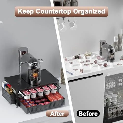 Pygocereri ▫️ Suporte para chávenas K, suporte para cápsulas de café com gaveta de arrumação deslizante de 2 níveis e 1 cesto suspenso para 51 cápsulas grandes ou 73 pequenas, acessórios organizadores de estação 4