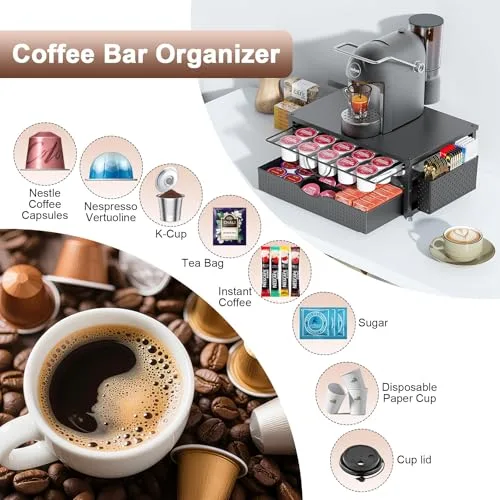 Pygocereri ▫️ Suporte para chávenas K, suporte para cápsulas de café com gaveta de arrumação deslizante de 2 níveis e 1 cesto suspenso para 51 cápsulas grandes ou 73 pequenas, acessórios organizadores de estação 5