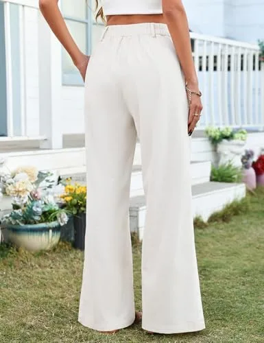 heekpek ▫️ Calças de linho para mulher Calças de verão para mulher, casuais, esvoaçantes, compridas, de cintura alta, elásticas com botões, confortáveis, largas e folgadas, com bolsos, estilo palazzo 2