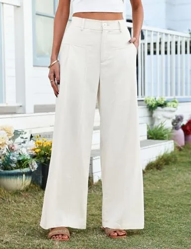 heekpek ▫️ Calças de linho para mulher Calças de verão para mulher, casuais, esvoaçantes, compridas, de cintura alta, elásticas com botões, confortáveis, largas e folgadas, com bolsos, estilo palazzo 3