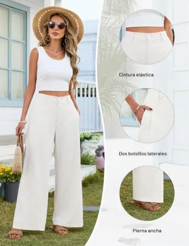 heekpek ▫️ Calças de linho para mulher Calças de verão para mulher, casuais, esvoaçantes, compridas, de cintura alta, elásticas com botões, confortáveis, largas e folgadas, com bolsos, estilo palazzo 4
