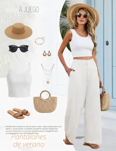heekpek ▫️ Calças de linho para mulher Calças de verão para mulher, casuais, esvoaçantes, compridas, de cintura alta, elásticas com botões, confortáveis, largas e folgadas, com bolsos, estilo palazzo 5