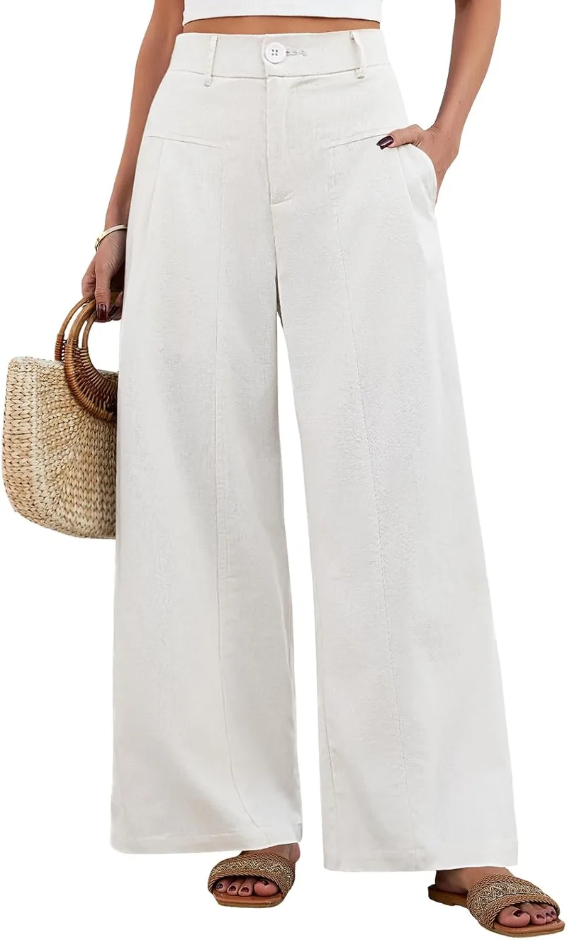 heekpek ▫️ Calças de linho para mulher Calças de verão para mulher, casuais, esvoaçantes, compridas, de cintura alta, elásticas com botões, confortáveis, largas e folgadas, com bolsos, estilo palazzo