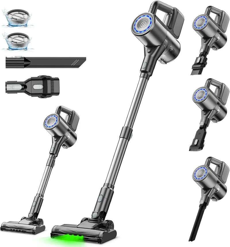 Suirviz ▫️ Aspirador de vassoura sem fio, aspirador e esfregona 2 em 1, aspirador de mão sem fio com luz LED verde, aspirador de vassoura adequado para pêlos de animais de estimação/pavimentos duros
