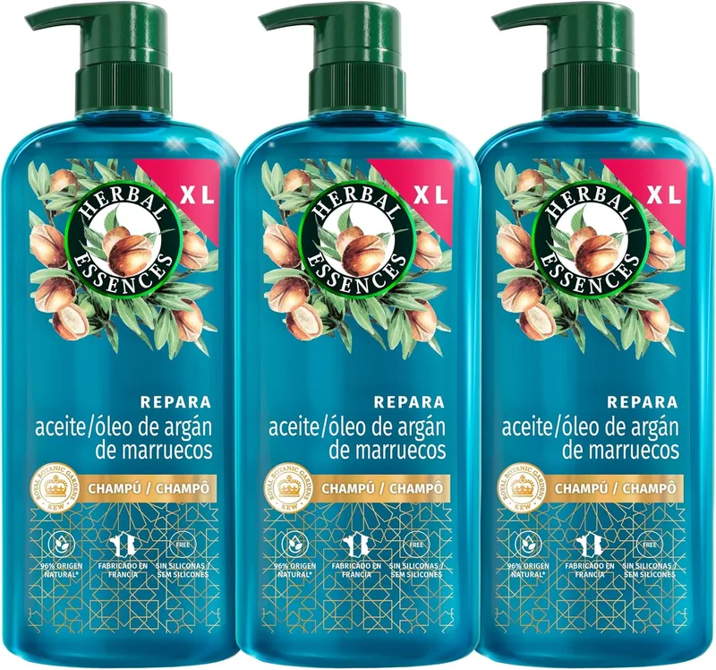 Herbal Essences ▫️ Champô Reparador Óleo de Argão de Marrocos, 3x 650ml, Cabelo Danificado, Nutrição Intensa, Cabelo Macio e Sedoso, Sem Silicone, Vegan
