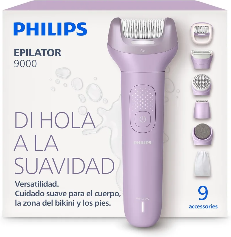 PHILIPS ▫️ Depiladora Série 9000 - Depiladora elétrica sem fios, para utilização a seco e molhado, para todo o corpo. Inclui o ProGuide, 9 acessórios (incluindo uma cabeça de pedicure) e 60 min de autonomia. BRE728/00