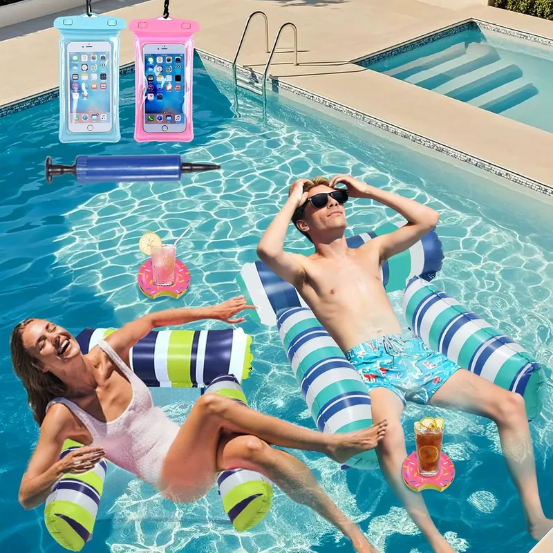 YUVATERA ▫️ Rede de água flutuante, almofada de piscina para adultos, flutuadores de piscina, espreguiçadeira insuflável 4 em 1, rede de piscina, 1 inclui bomba-2 à prova de água para telemóvel-2 anel de natação