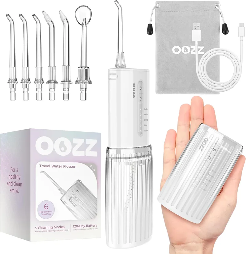 OOZZ ▫️ Irrigador oral de viagem, irrigador oral de bolso sem fios, 5 modos de pressão, 6 pontas de jato, design compacto recarregável por USB (Nube)