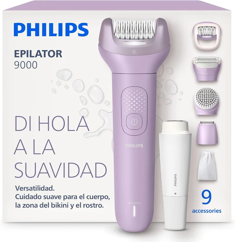 PHILIPS ▫️ Depiladora Série 9000 – elétrica sem fios para utilização a seco e molhada, para o rosto, corpo e zona do biquíni; com ProGuide, 9 acessórios, 60 min de autonomia, modelo BRE729/00