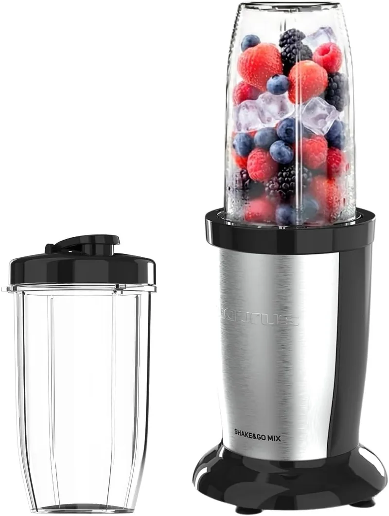 Taurus ▫️ Shake & Go Mix – Mini liquidificador portátil de 1000 W com copo de 500 ml | 6 lâminas de aço inoxidável | Tritura gelo e fruta congelada | Tecnologia Pulse | Inclui tampas