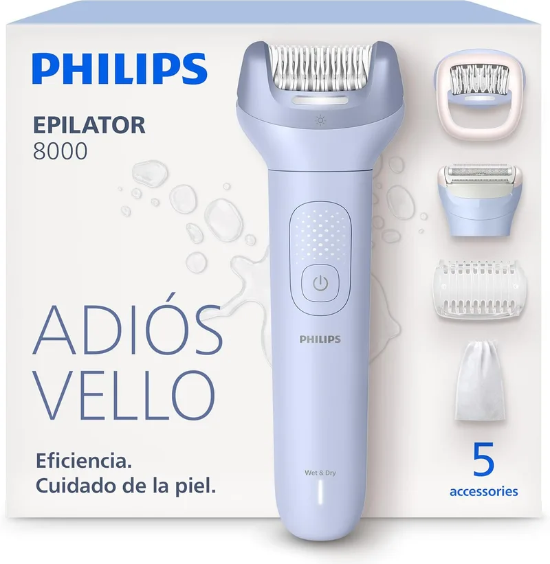 PHILIPS ▫️ Depiladora Série 8000 - Depiladora elétrica sem fios, para uso a seco e molhado, para pernas e corpo, com tecnologia ProGuide, 5 acessórios, 60 minutos de autonomia, modelo BRE709/00