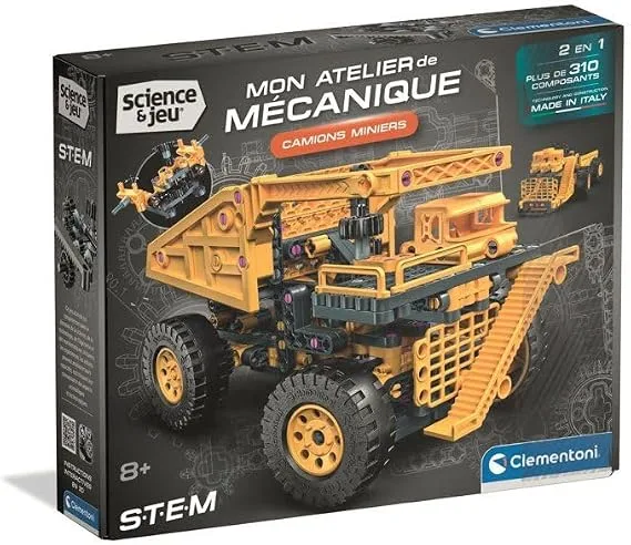 Clementoni ▫️ Camião mineiro para crianças a partir dos 8 anos - Caixa de construção mecânica infantil com 2 modelos para montar, sistema de direção funcional e basculante, jogo científico STEM, brinquedo para oferecer