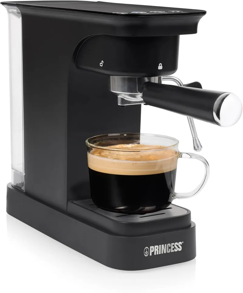 Princess ▫️ Máquina de café expresso bomba de 20 bar, depósito de água de 0,8 l, para café moído e cápsulas ESE, design compacto, preto, 01.249421.01.001