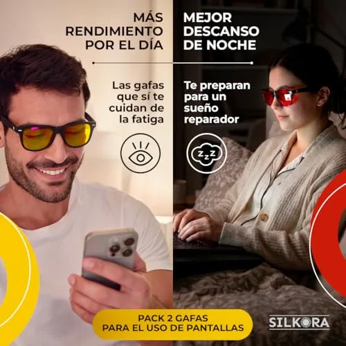 SILKORA ▫️ Conjunto de 2 Óculos de Luz Azul | Amarelos e Vermelhos | Filtro de Luz Azul | Bem-estar para o seu dia e a sua noite | Reduz a fadiga visual | Regula o sistema nervoso | Computador, jogos e descanso 2