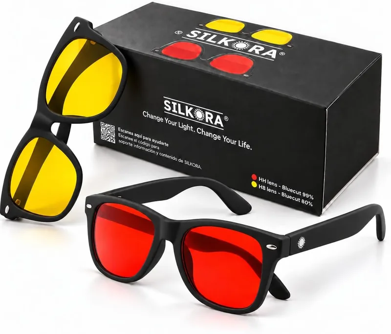 SILKORA ▫️ Conjunto de 2 Óculos de Luz Azul | Amarelos e Vermelhos | Filtro de Luz Azul | Bem-estar para o seu dia e a sua noite | Reduz a fadiga visual | Regula o sistema nervoso | Computador, jogos e descanso