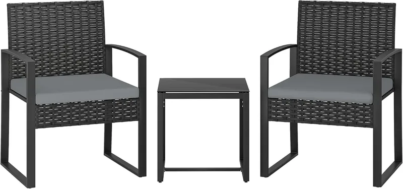 Outsunny ▫️ Conjunto de jardim de 3 peças mobiliário de jardim em rattan com 2 cadeiras com almofadas laváveis e mesa em vidro temperado, resistente às intempéries, para varanda, pátio, cinzento claro