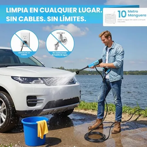 Edonkvi ▫️ Hidrolavadora a bateria, pistola de água sob pressão 21 V, 80 bar, 2x4000 mAh,Bocal 6 em 1, Tubo de 10 m, Pistola de Lavagem «Press & Clean», Máquina de Limpeza a Pressão Portátil a Bateria para Carro, Jardim, Terraço, Relvado e Rega 2