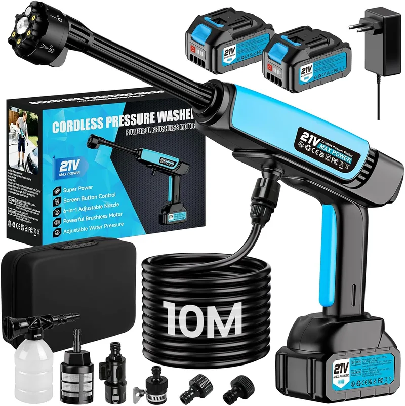 Edonkvi ▫️ Hidrolavadora a bateria, pistola de água sob pressão 21 V, 80 bar, 2x4000 mAh,Bocal 6 em 1, Tubo de 10 m, Pistola de Lavagem «Press & Clean», Máquina de Limpeza a Pressão Portátil a Bateria para Carro, Jardim, Terraço, Relvado e Rega