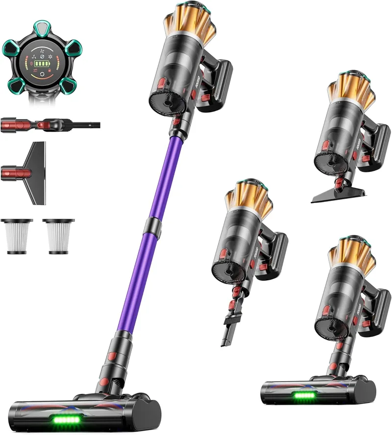 FDUXUD ▫️ Aspirador sem fio 55 kPa/650 W/70 min para tapetes/pêlos de animais de estimação/pavimentos duros | Aspirador vertical sem fio com ecrã LED, escova anti-emaranhamento, depósito de 1,8 L, filtragem em 8 etapas, base de carregamento de parede