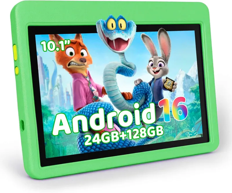 MUISOO ▫️ Tablet de 10 polegadas para crianças, tablet Android 16 com cinco núcleos para crianças, 24 GB de RAM e 128 GB de ROM, ecrã IPS HD de 1280 × 800, bateria de 6000 mAh, controlo parental, WiFi 6 Bluetooth (verde)
