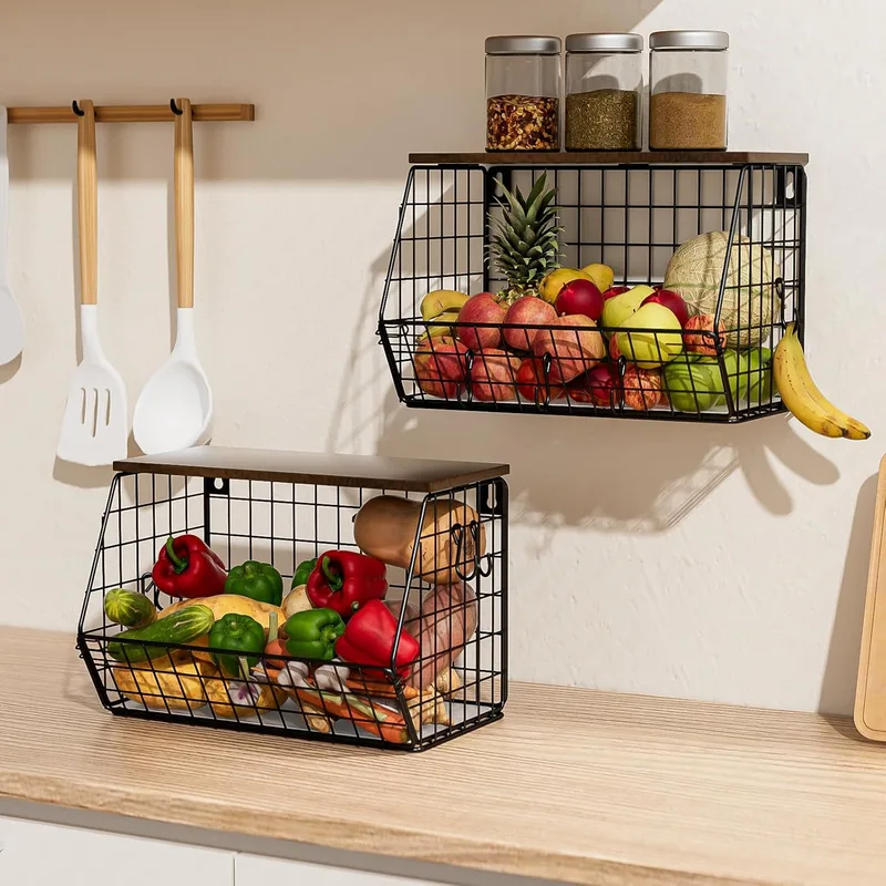Gaethra ▫️ Conjunto de 2 cestos de cozinha para frutas, 30 × 16,5 × 20 cm, removíveis e dobráveis, com gancho para bananas e tampa de madeira — Fruit Basket Rack: cestos para frutas, para organizar a cozinha e guardar legumes (preto)
