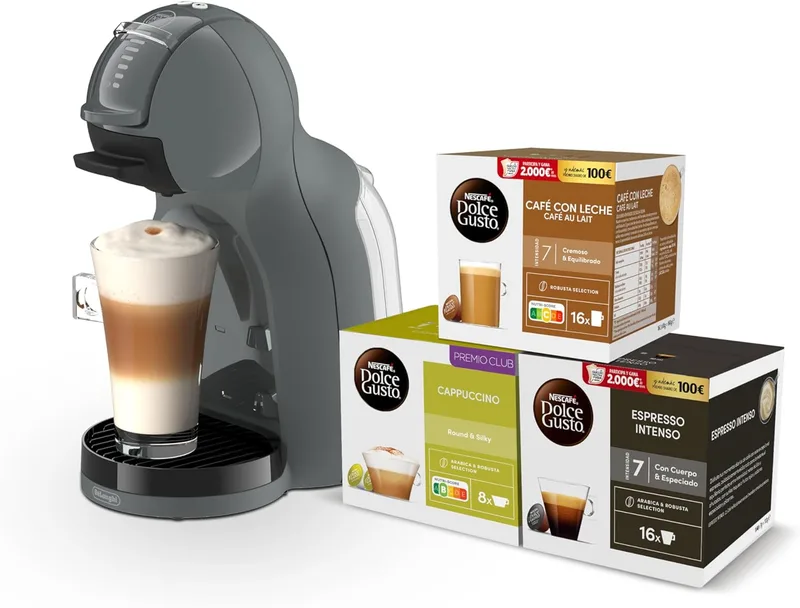 Nescafé Dolce Gusto ▫️ De'Longhi Mini Me 2 - Máquina de café automática de cápsulas, 15 bar, controlo por LED, bebidas quentes e frias, design compacto, embalagem com 3 pacotes de cápsulas Intense, antracite (EDG335.A)