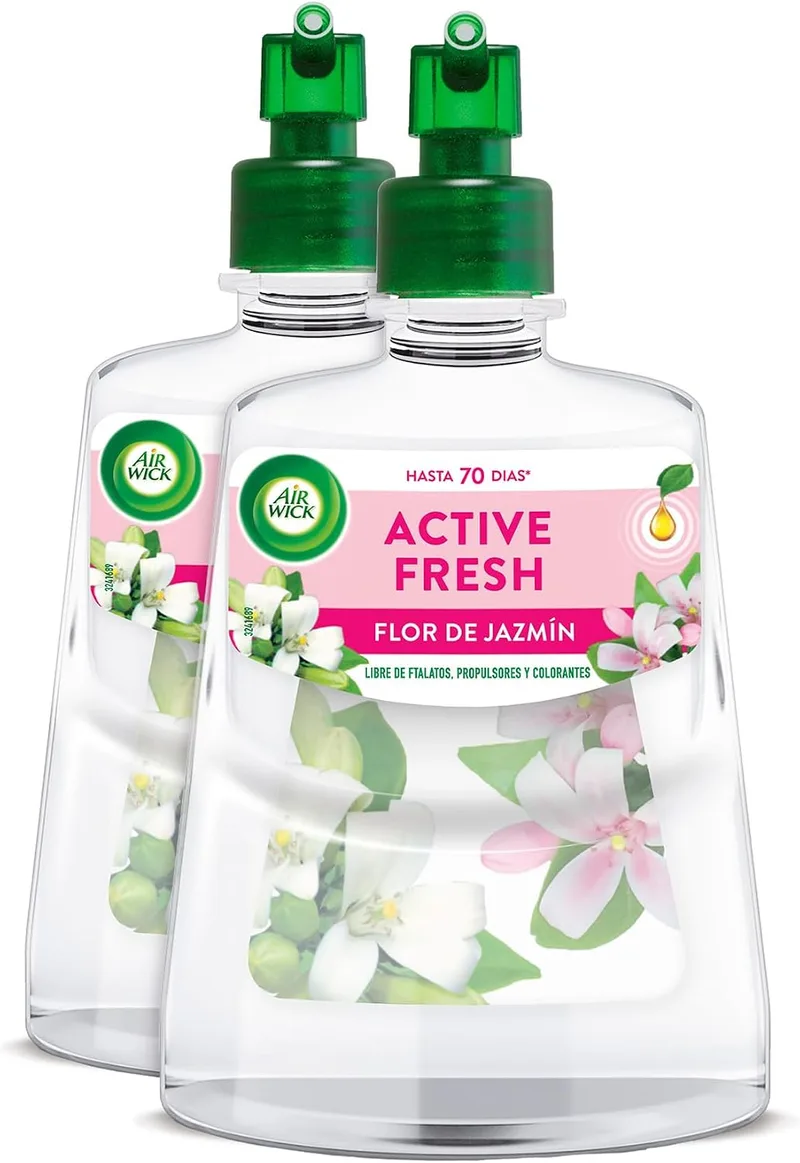 Air Wick ▫️ Active Fresh Spray Automático Sem Aerosol - 2 recargas de ambientador para a casa com aroma a flor de jasmim, com o dobro de óleos essenciais