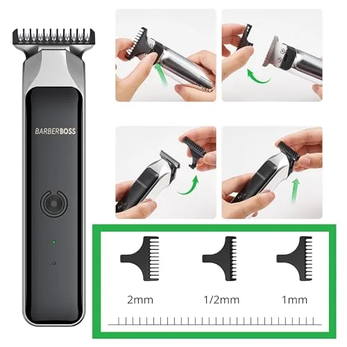 BARBERBOSS ▫️ Kit de higiene pessoal para homem, aparador de barba profissional, aparador de pêlos faciais, recarregável por USB, lâmina em T de aço inoxidável, aparador de detalhes para homem 4