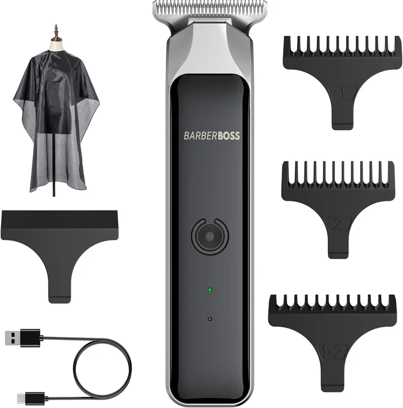 BARBERBOSS ▫️ Kit de higiene pessoal para homem, aparador de barba profissional, aparador de pêlos faciais, recarregável por USB, lâmina em T de aço inoxidável, aparador de detalhes para homem