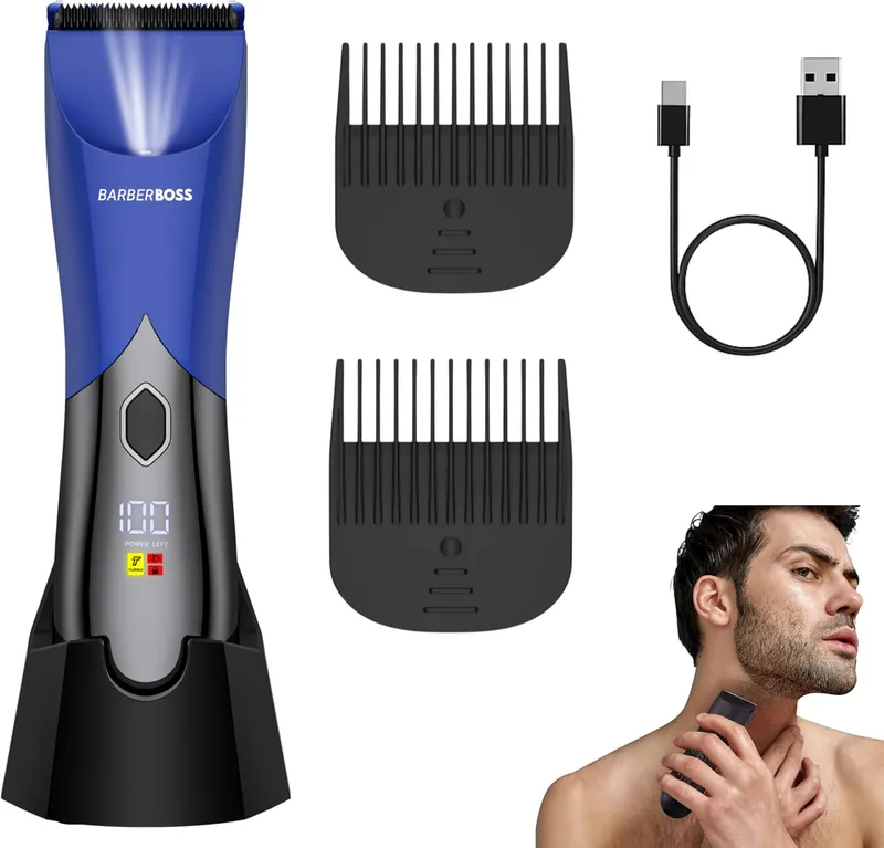 BARBERBOSS ▫️ Máquina de barbear corporal sem fios para homem, máquina de barbear elétrica para todo o corpo, máquina de barbear íntima com design à prova de salpicos, máquina de barbear para pêlos corporais e pêlos púbicos para homem