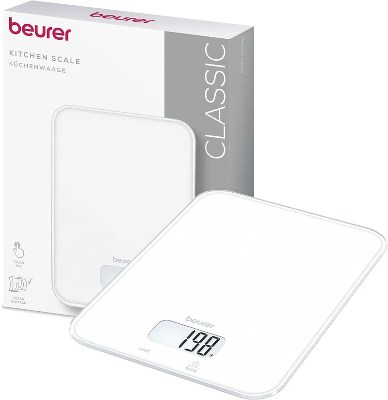 Beurer ▫️ Balança de cozinha digital KS 19 Pure White, capacidade até 5 kg (precisão de 1 g), balança doméstica com sensor tátil, balança para alimentos, incluindo pilhas, design ultrafino, branca