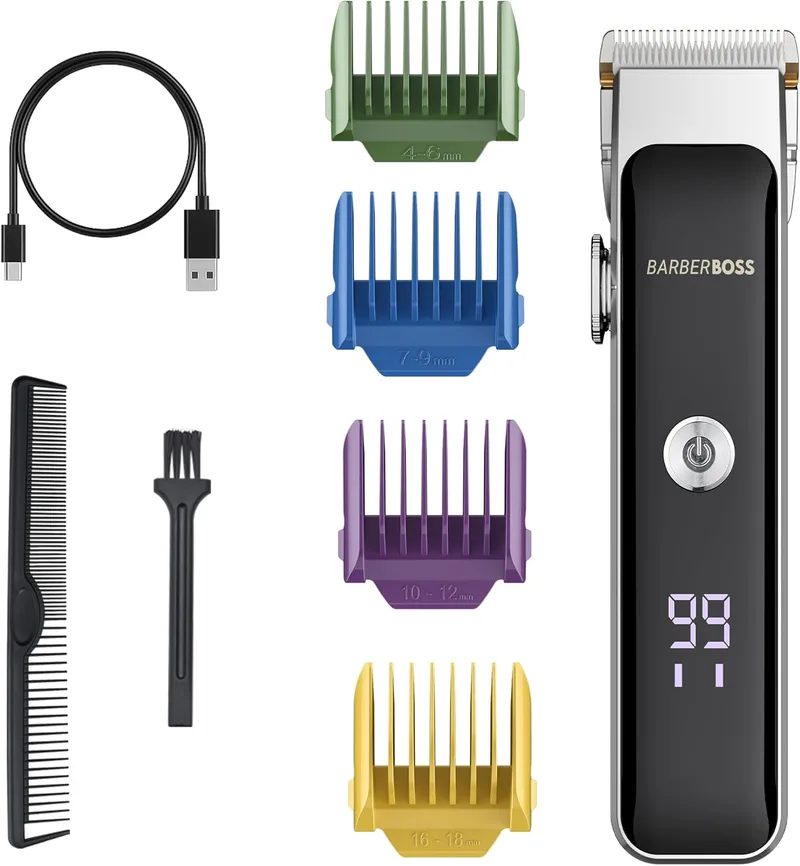 BARBERBOSS ▫️ Máquina de cortar barba e rosto para homem, máquina de cortar cabelo compacta com esfera ajustável, controlo de velocidade duplo, ferramenta de aparar barba para homem, aparador de cabelo para