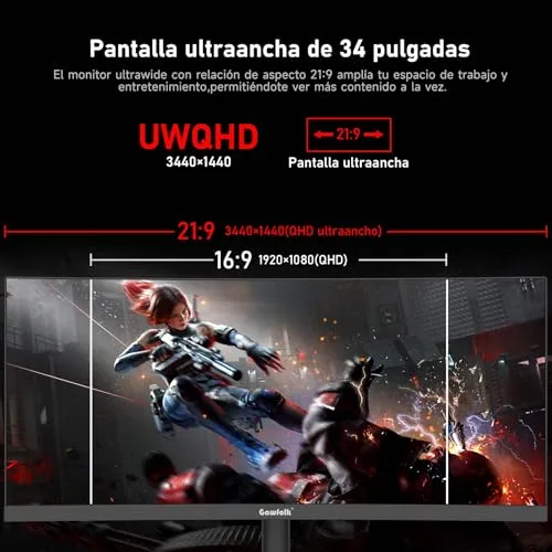 Gawfolk ▫️ Monitor de jogos curvo ultrawide de 34 polegadas, 165 Hz, Ecrã 3800R 21:9 UWQHD (3440×1440), 120% sRGB, 1 ms, Adaptive Sync, DisplayPort, HDMI, Suporte ajustável em altura - Preto 2