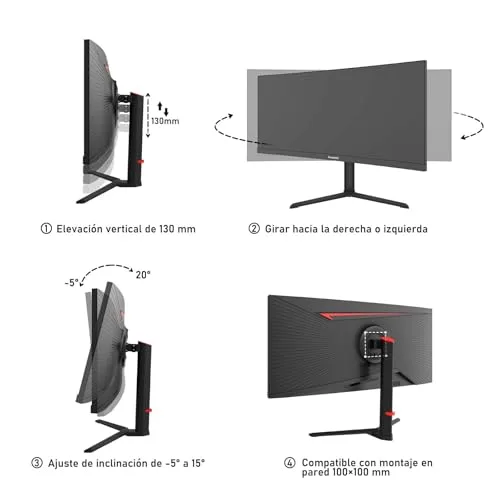 Gawfolk ▫️ Monitor de jogos curvo ultrawide de 34 polegadas, 165 Hz, Ecrã 3800R 21:9 UWQHD (3440×1440), 120% sRGB, 1 ms, Adaptive Sync, DisplayPort, HDMI, Suporte ajustável em altura - Preto 7