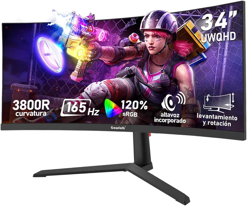 Gawfolk ▫️ Monitor de jogos curvo ultrawide de 34 polegadas, 165 Hz, Ecrã 3800R 21:9 UWQHD (3440×1440), 120% sRGB, 1 ms, Adaptive Sync, DisplayPort, HDMI, Suporte ajustável em altura - Preto