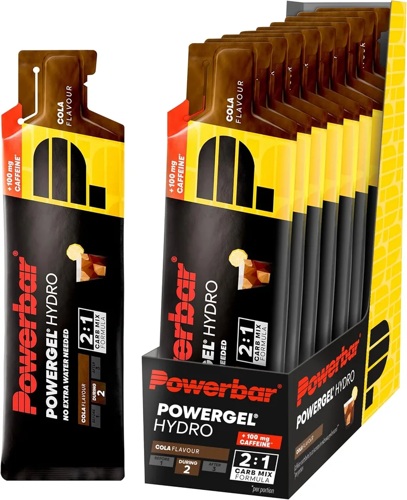 PowerBar ▫️ PowerGel Hydro - Cola - 9x67ml - Gel energético com elevado teor de hidratos de carbono - Sódio - 100mg Cafeína