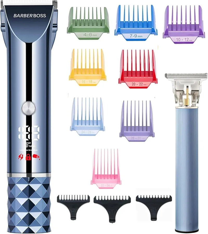 BARBERBOSS ▫️ Kit de máquina de cortar cabelo e barba, aparador sem fios para homem, aparador com velocidade turbo e ecrã LED, lâmina ajustável, 8 pentes-guia, kit de higiene pessoal para homem