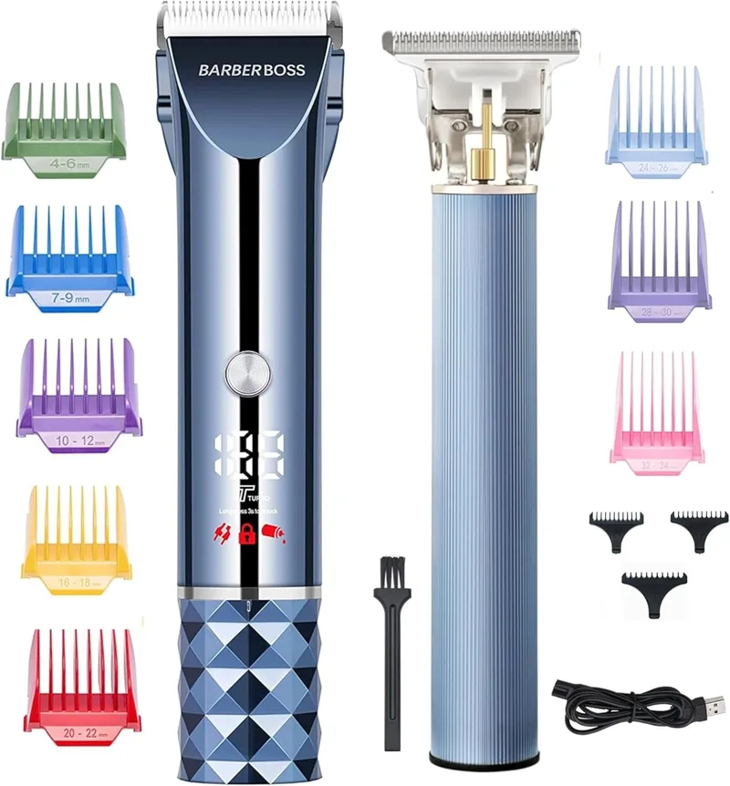 BARBERBOSS ▫️ Máquina de cortar cabelo e barba para homem, máquina de corte de alta velocidade com ecrã LED, lâmina ajustável, 8 pentes-guia e kit de máquina de cortar sem fios recarregável por USB para homem
