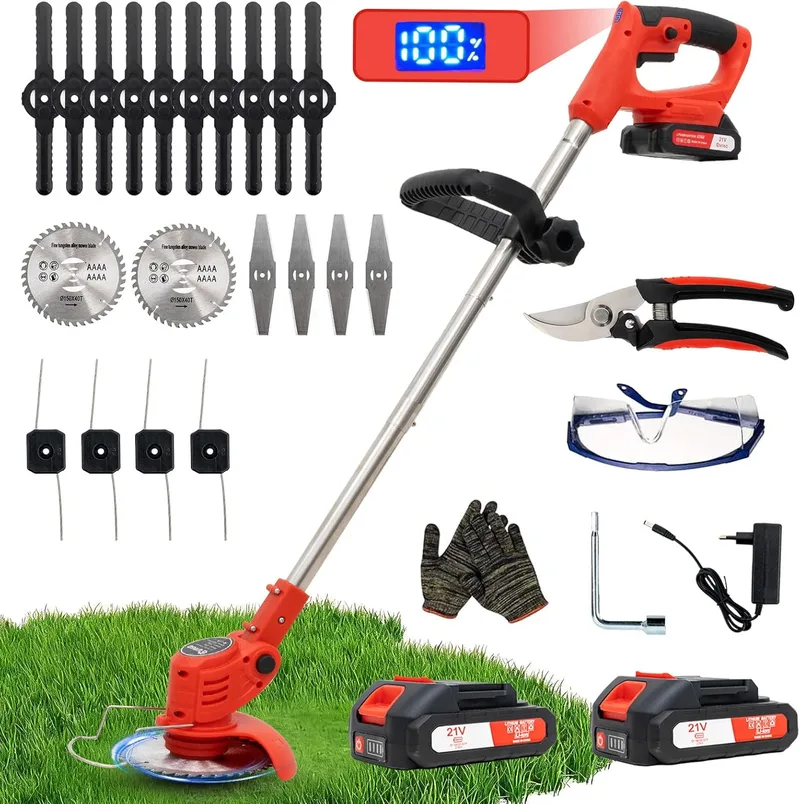 OUTIGO ▫️ Desbastador a bateria, desbastador elétrico a bateria, equipado com 2 baterias e 4 lâminas, cortador de relva dobrável de 800 W, adequado para cortar a relva de jardins e arbustos