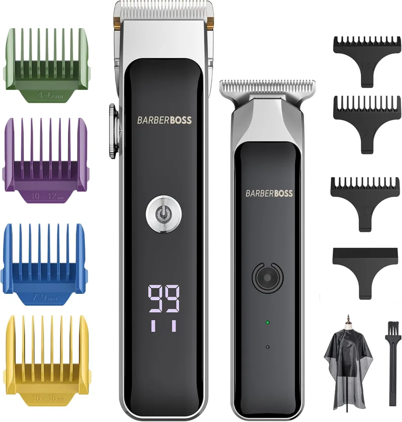 BARBERBOSS ▫️ Conjunto de aparadores sem fios para barba e cabelo para homem, aparadores recarregáveis duplos com lâminas de cerâmica, velocidade ajustável, esfera de precisão