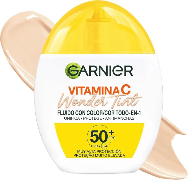 Garnier ▫️ Vitamina C Wonder Tint Fluido [Tom Claro] BB Cream «Tudo em 1» com 5% de [Glicerina + Niacinamida + Vitamina C*] Uso diário. Unifica, protege e combate as manchas. FPS 50+. 40 ml