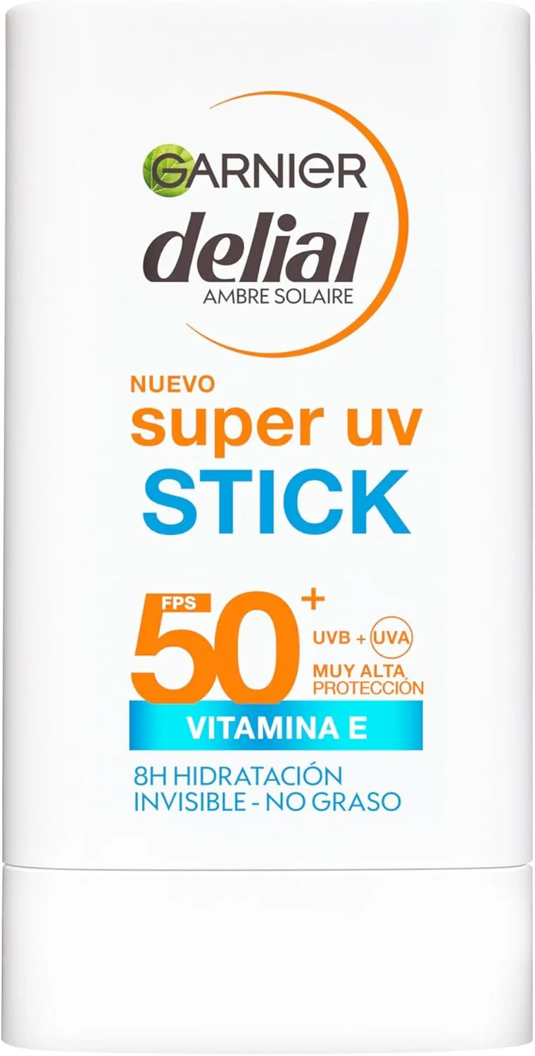 Garnier ▫️ Delial Super UV Stick Stick Antioxidante e Hidratante com [Vitamina E]. Proteção muito elevada SPF 50+. Hidratação 8H. Acabamento invisível. Não gorduroso.18 ml