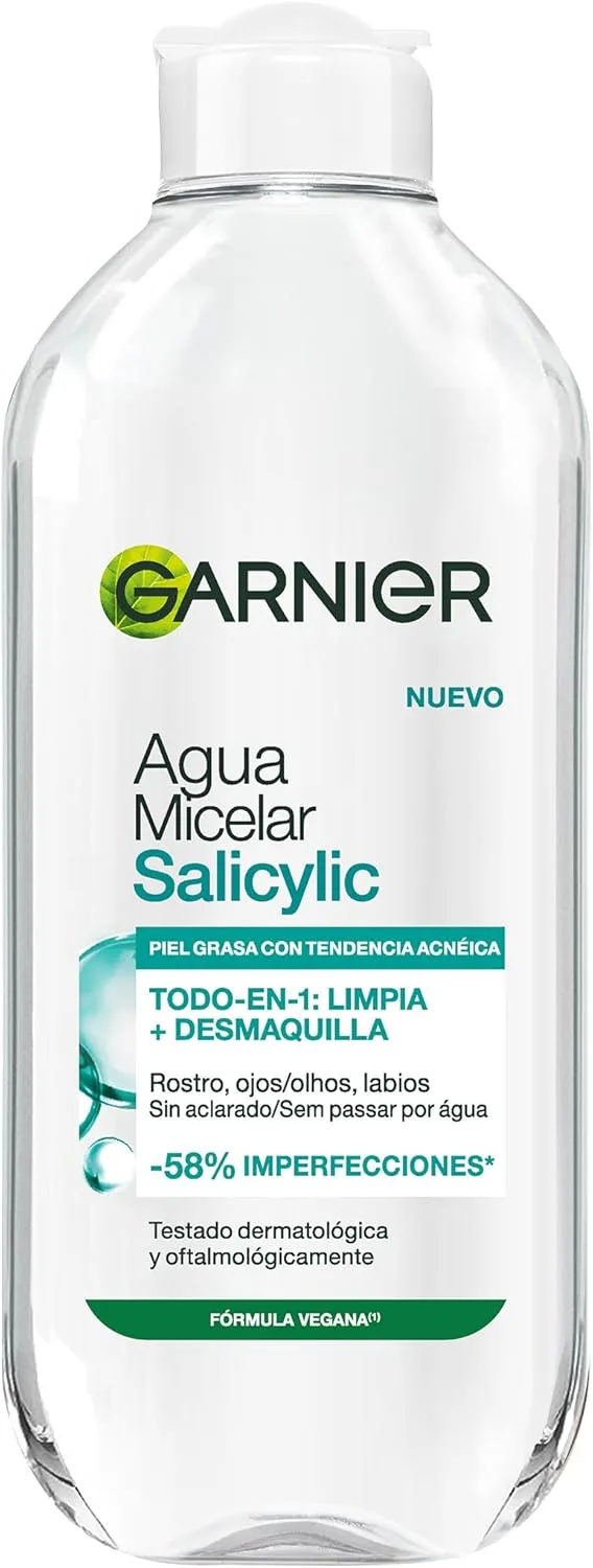 Garnier ▫️ Água Micelar Salicílica com [Ácido Salicílico] – 58% menos imperfeições. Tudo num só produto: limpa e remove a maquilhagem. Para pele oleosa. Testado dermatologicamente e oftalmologicamente. 400 ml