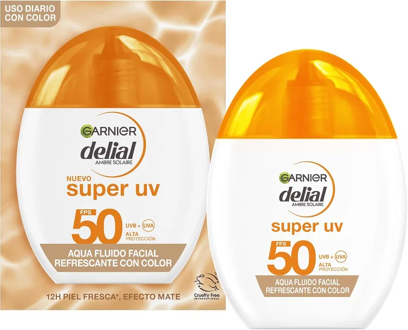 Garnier ▫️ Delial Super UV Aqua Fluido Facial Refrescante com [Ácido Hialurónico] Proteção Muito Elevada FPS 50+. 12 horas de pele fresca e efeito mate. Textura muito fresca e aquosa. Acabamento invisível. 40 ml