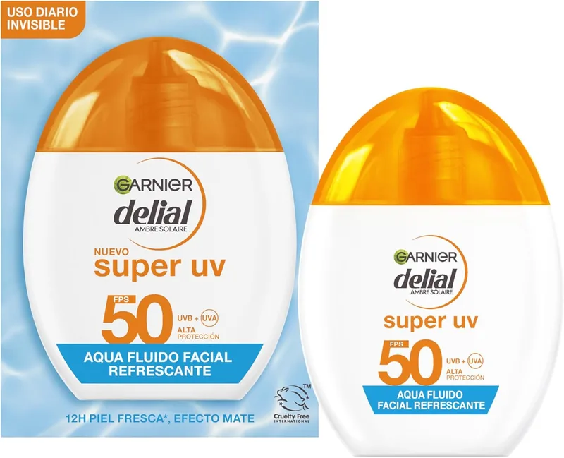 Garnier ▫️ Delial Super UV Aqua Fluido Facial Colorido Refrescante com [Ácido Hialurónico] Proteção Muito Elevada SPF 50+. 12H Pele fresca e efeito mate. Textura muito fresca e aquosa. 40 ML