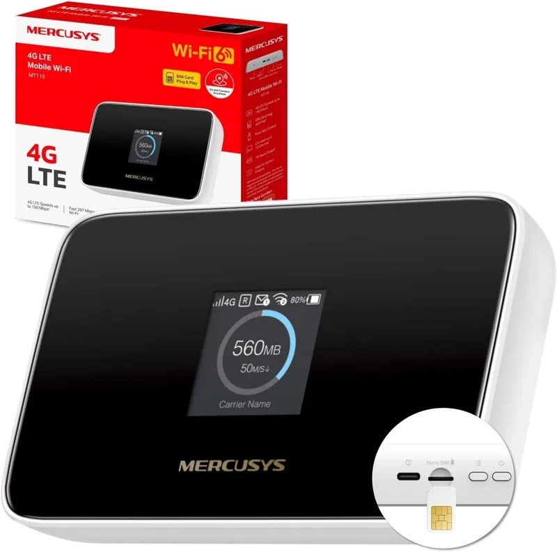 MERCUSYS ▫️ MT115: Router Wi-Fi portátil para viagens com cartão SIM sem contrato, 4G LTE a 150 Mbps, Wi-Fi 6 AX300, até 10 dispositivos, bateria de 2400 mAh, até 10 horas de autonomia