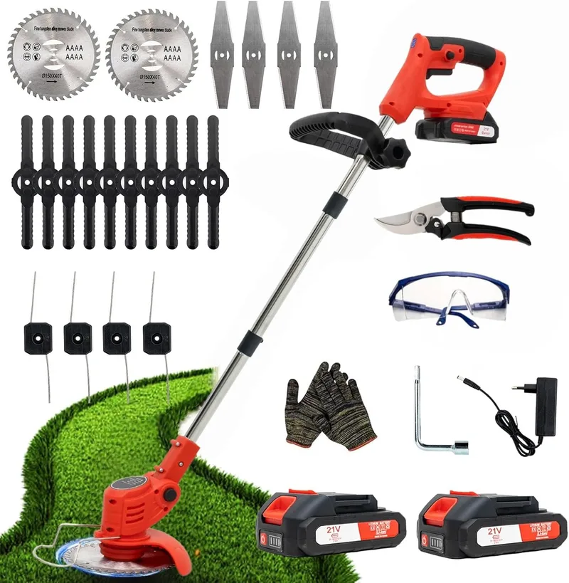 OUTIGO ▫️ Desbastador a bateria, desbastador elétrico a bateria, equipado com 2 baterias e 4 lâminas, cortador de relva dobrável de 800 W, adequado para cortar a relva de jardins e arbustos